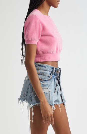 Logo Short Sleeve Chenille Crop Sweater