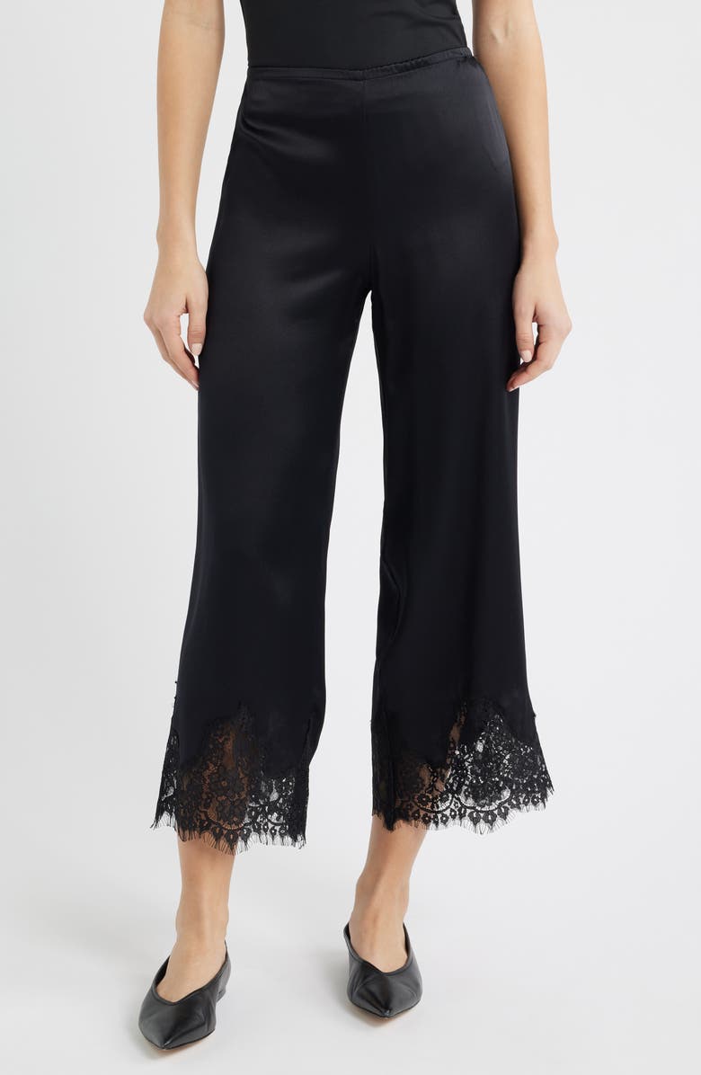 Reformation Carolina Silk Lace Hem Pant, Main, color, Black