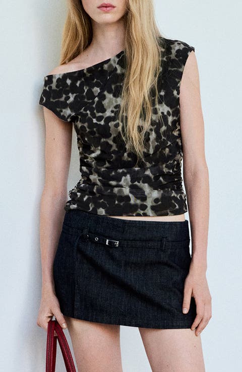 Asymmetric Printed Ruched Top