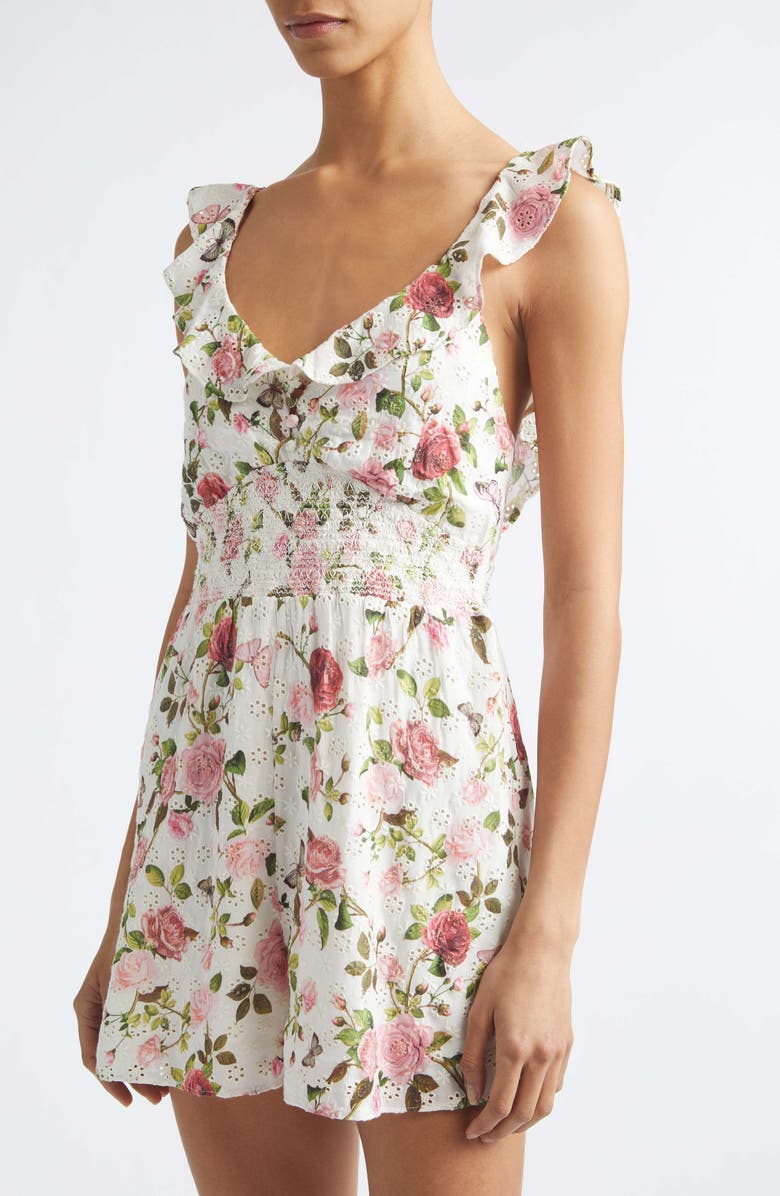 Alice + Olivia Gema Floral Print Eyelet Romper, Alternate, color, Garden Gossip Off White