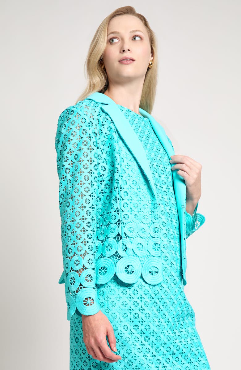Ming Wang Geometric Lace Cutout Blazer, Alternate, color, Calypso Blue