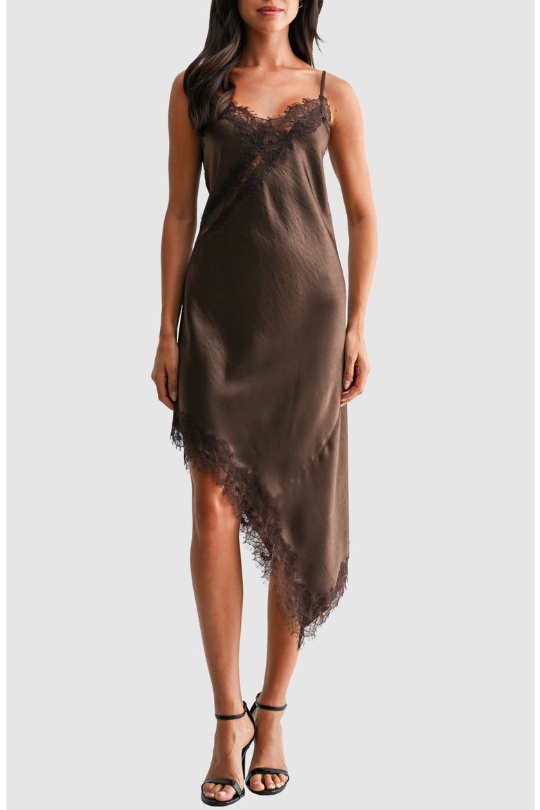 Asymmetric Lace Hem Satin Midi Dress, Main, color, CHOCOLATE