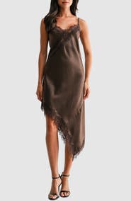 Lush Asymmetric Lace Hem Satin Midi Dress