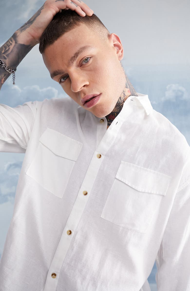 ASOS DESIGN Oversize Linen Blend Button-Up Shirt, Alternate, color, 