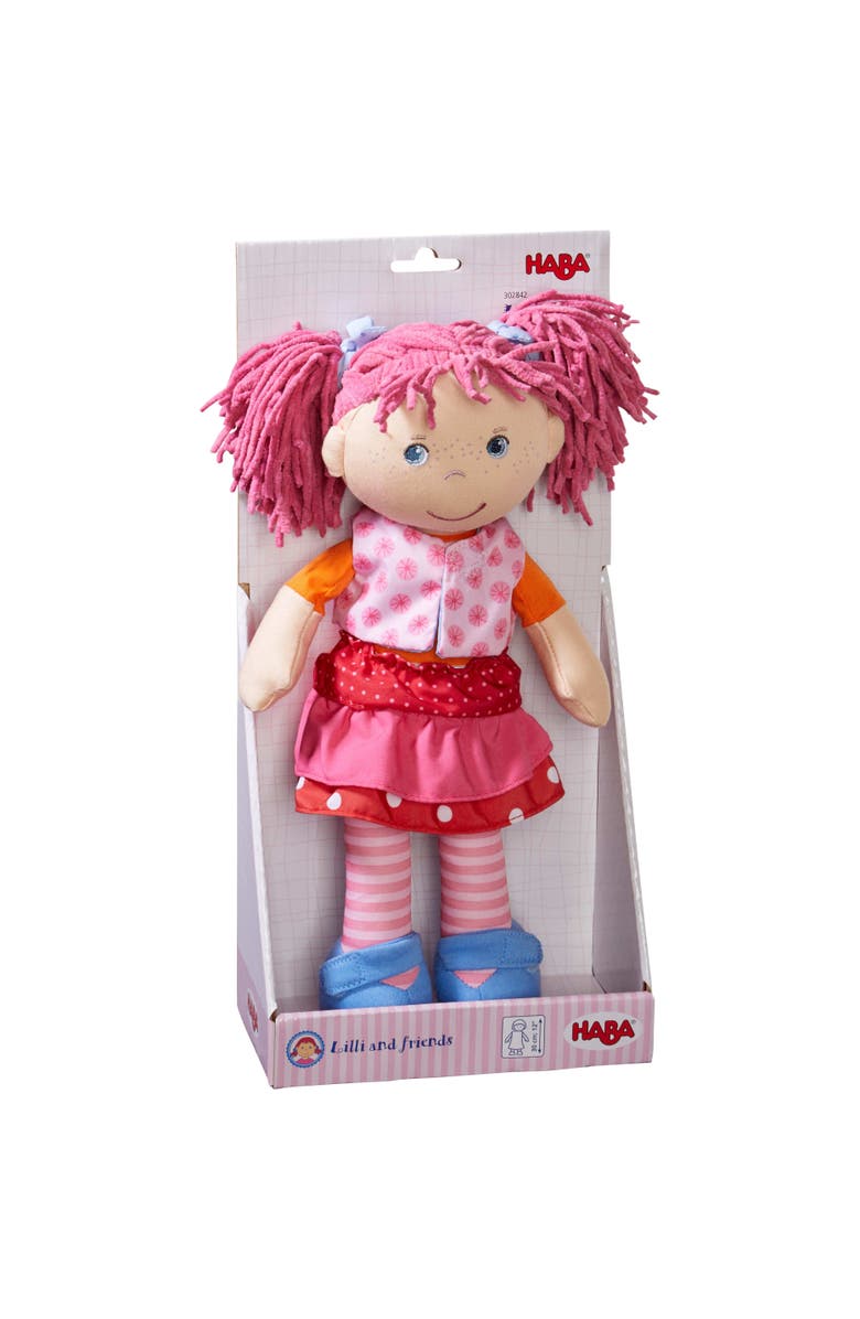HABA Lilli-Lou 12" Soft Doll with Pink Hair in Pigtails, Blue Eyes & Embroidered Face, Machine Washable Baby Doll for Ages 18 Months+, Alternate, color, Pink Multi