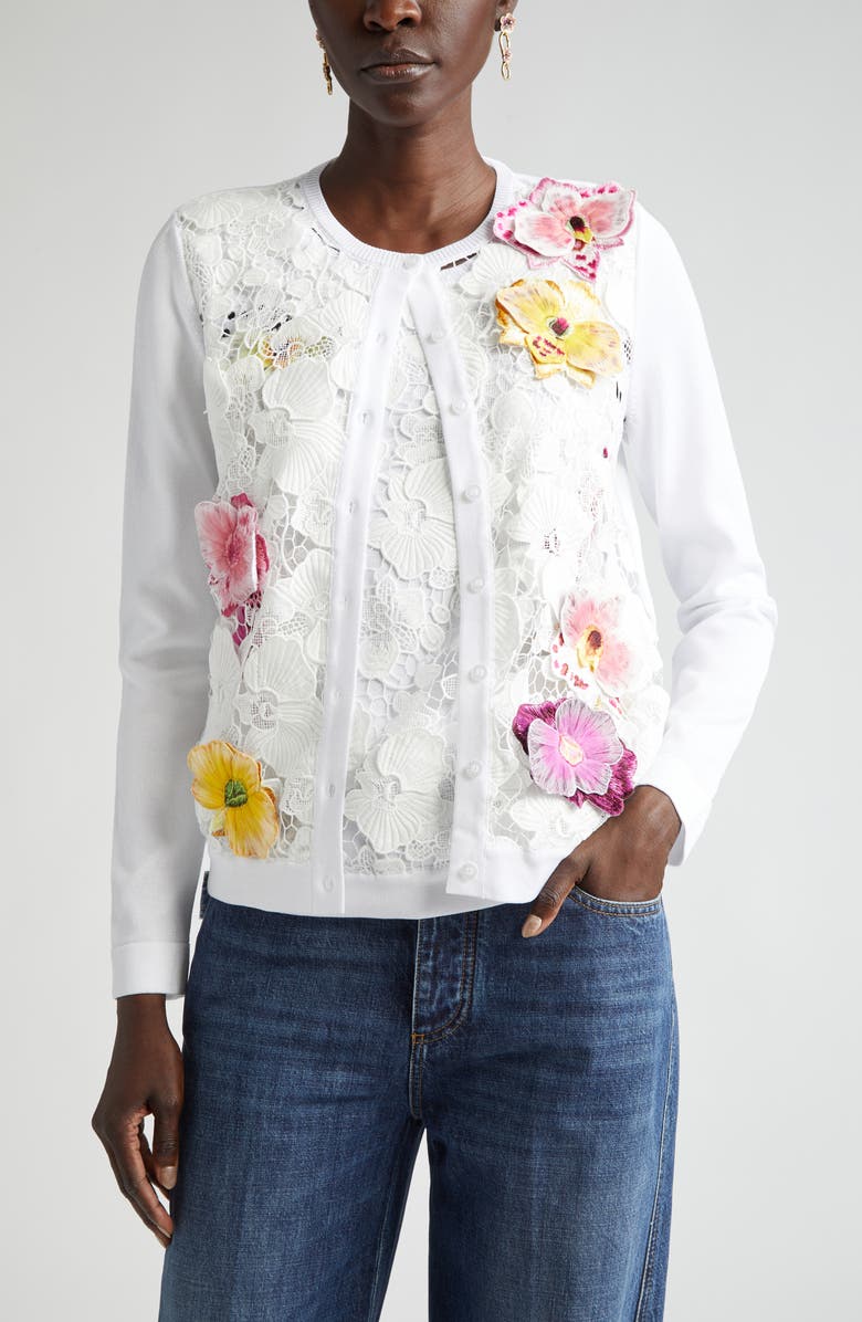Oscar de la Renta Orchid Threadwork Cardigan, Main, color, White Multi