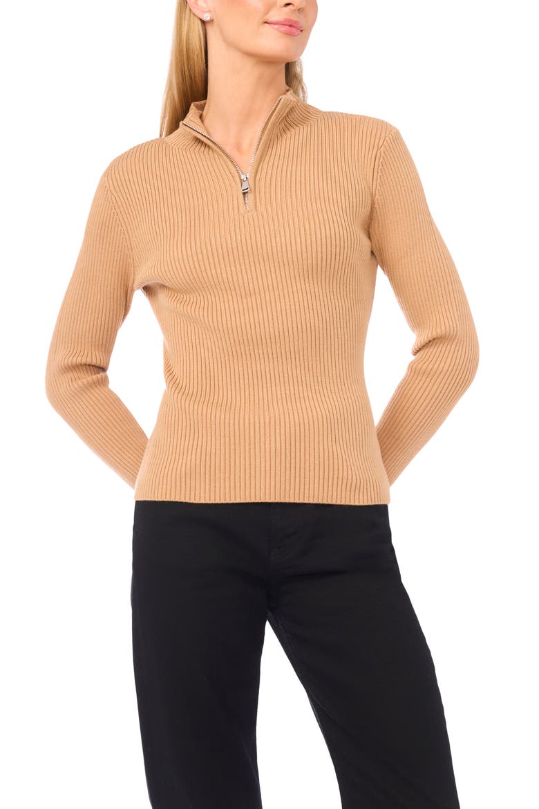 Rib Quarter Zip Sweater, Main, color, LATTE HEATHER