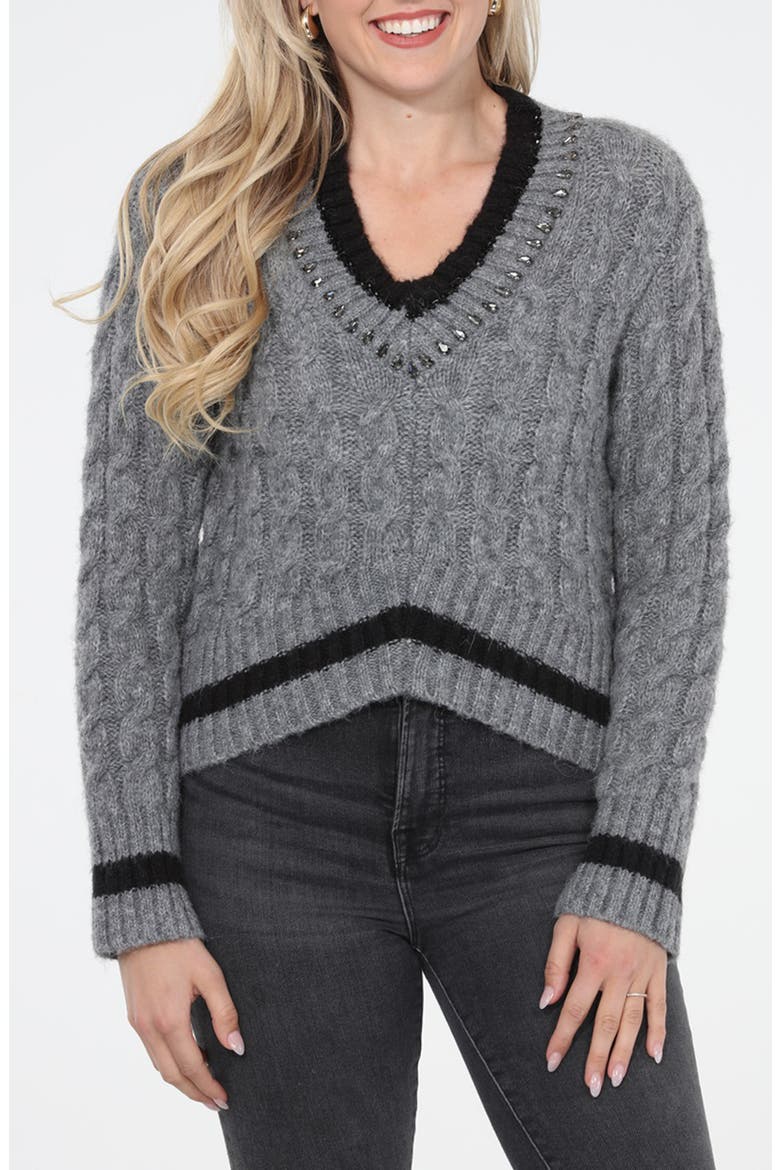 Jewel Embellished Cable V-Neck Sweater, Main, color, GREY