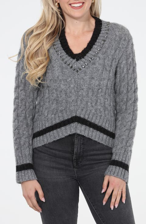 Jewel Embellished Cable V-Neck Sweater