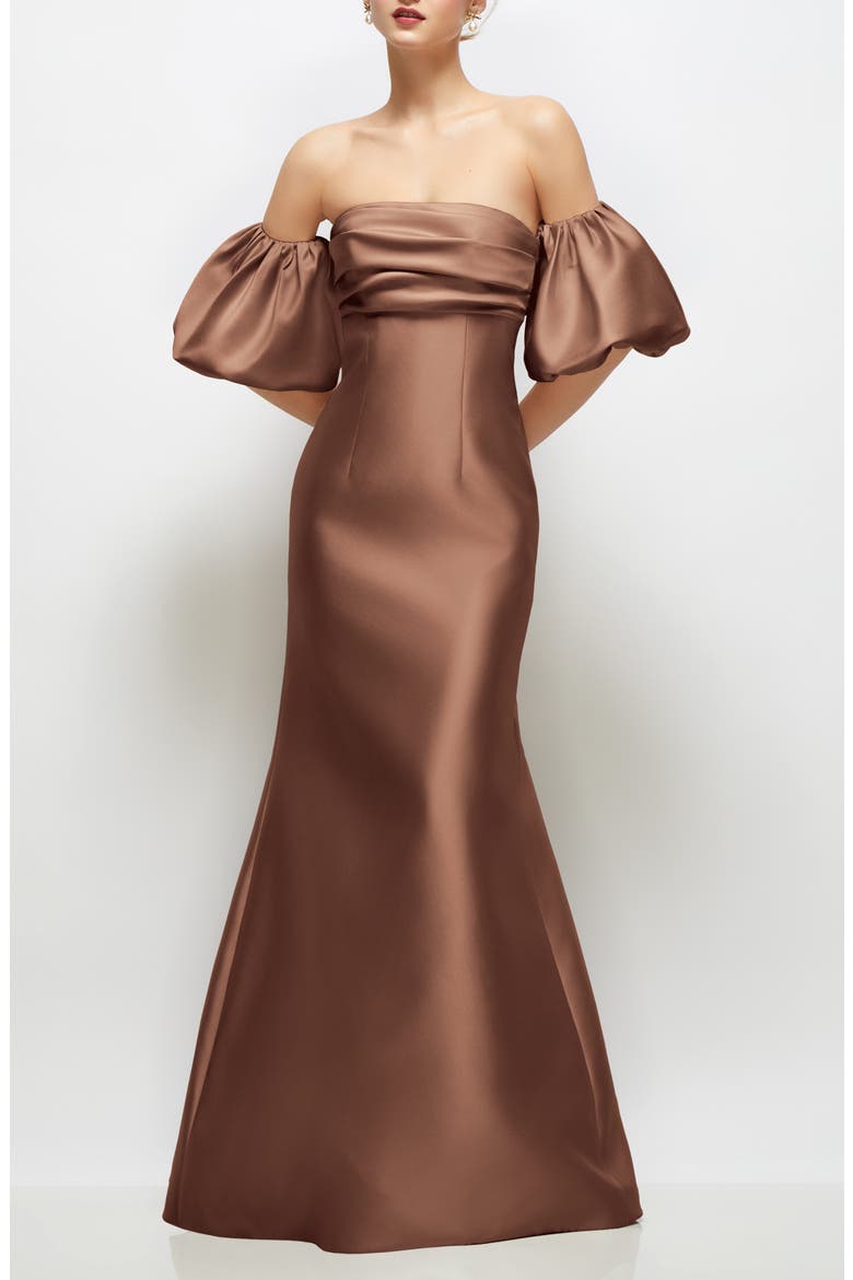 Off the Shoulder Puff Sleeve Satin Gown, Main, color, COGNAC