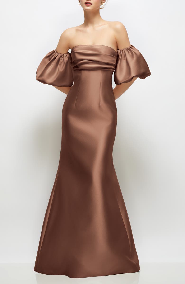 Alfred Sung Off the Shoulder Puff Sleeve Satin Gown, Main, color, Cognac