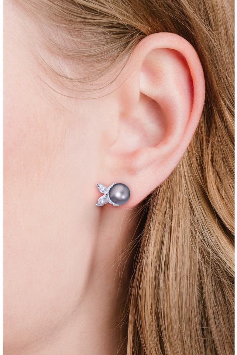 XOXO Grey Pearl & Cubic Zirconia Stud Earrings, Alternate, color, PURE PLATINUM/ GRAY PEARL