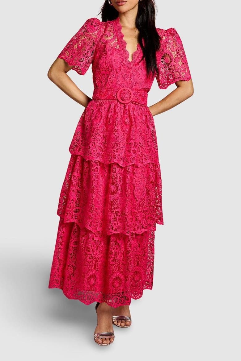 Short Sleeve Tiered Lace Midi Dress, Alternate, color, Raspberry
