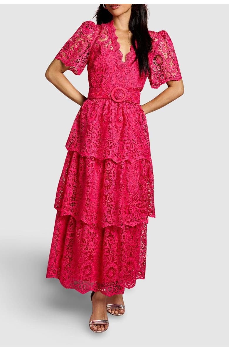 Coast Short Sleeve Tiered Lace Midi Dress, Alternate, color, Raspberry