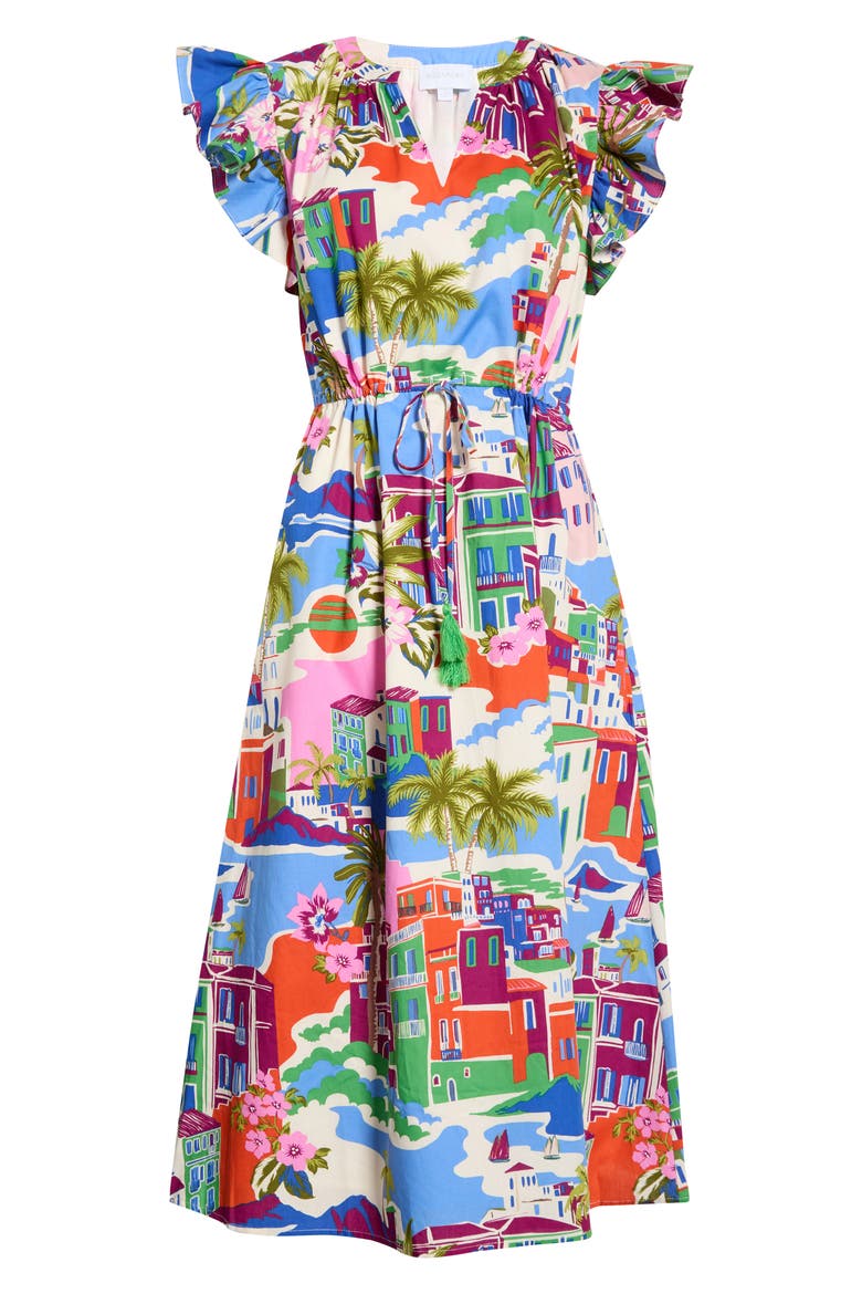 Rumi Town Tiarna Print Flutter Sleeve Tie Waist Midi Dress, Alternate, color, CREAM-BLUE-MULTI
