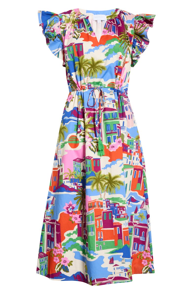 SUGARLIPS Rumi Town Tiarna Print Flutter Sleeve Tie Waist Midi Dress, Alternate, color,