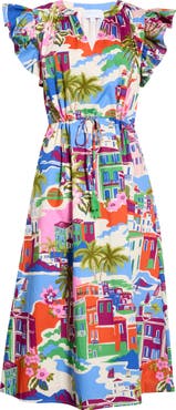 SUGARLIPS Rumi Town Tiarna Print Flutter Sleeve Tie Waist Midi Dress