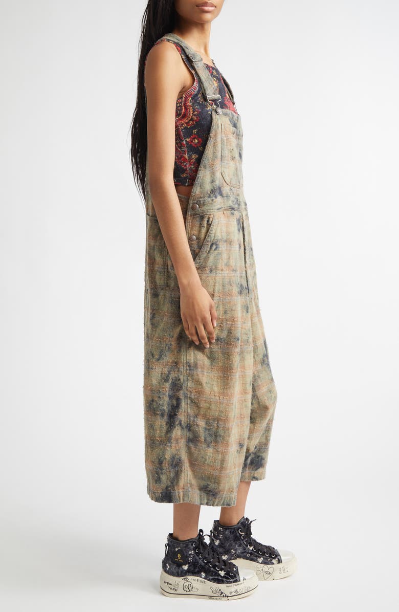 R13 Overdyed Plaid Cotton Flannel Jumbo Overalls, Alternate, color, Bleached Orange Green Plaid