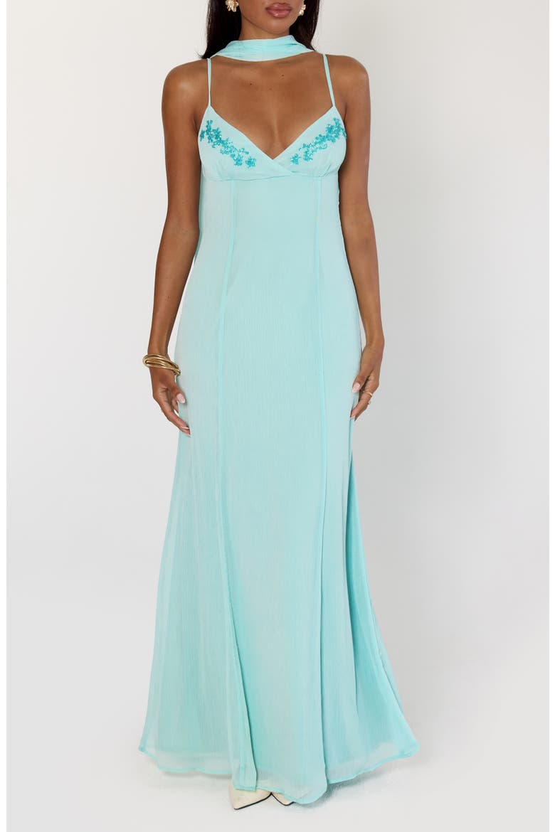 Jadira Chiffon Gown & Scarf Set, Main, color, AQUA