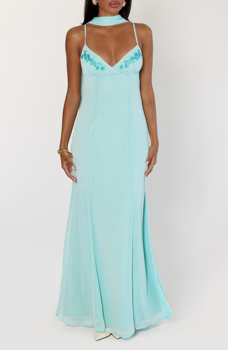Princess Polly Jadira Chiffon Gown & Scarf Set, Main, color, Aqua