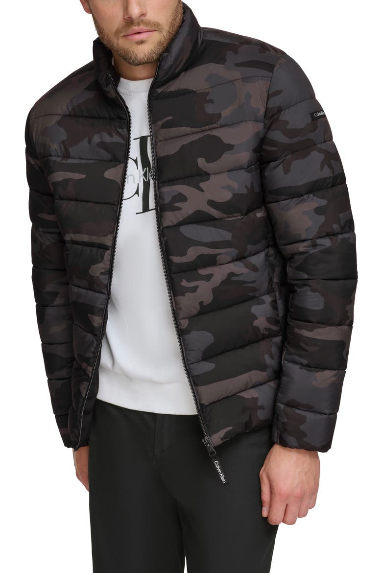Stretch Puffer Jacket, Main, color, BLACK CAMO