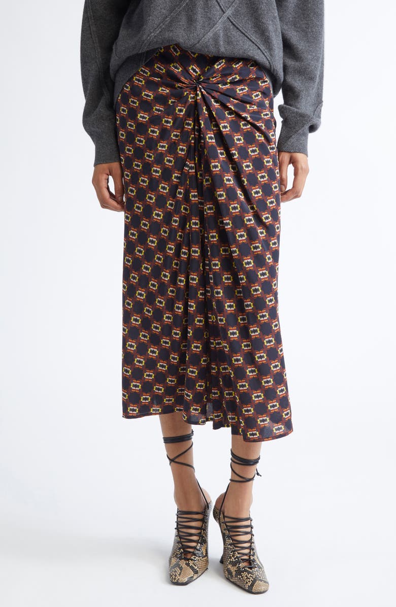 Dries Van Noten Smila Tie Print Gathered Silk Maxi Skirt, Main, color, Navy