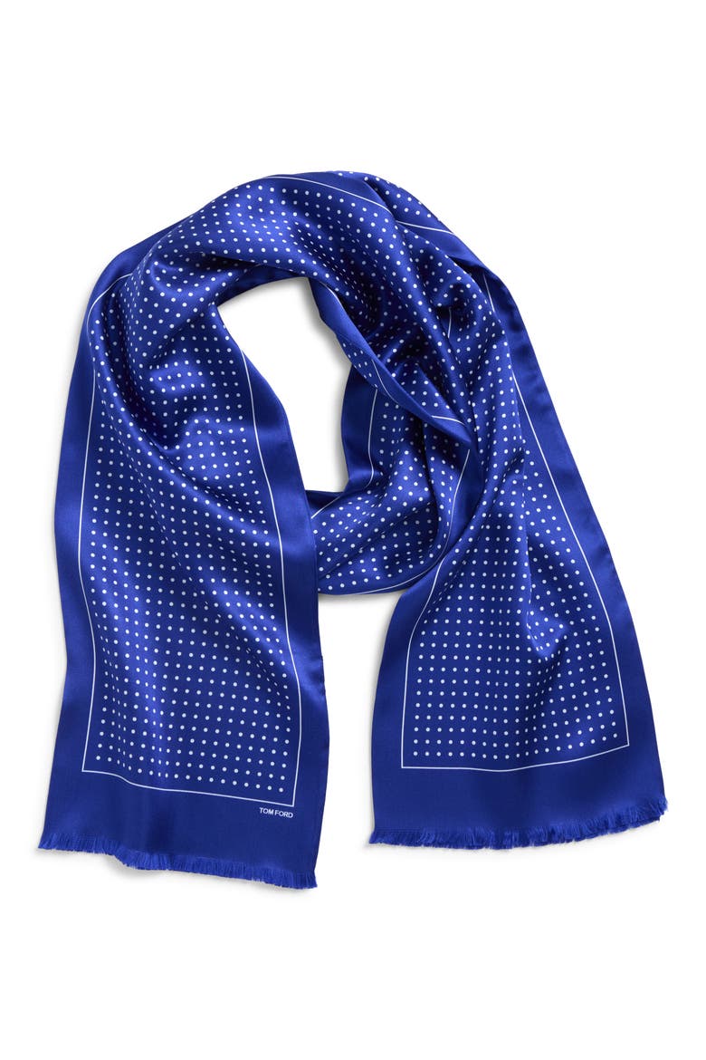 Polka Dot Mulberry Silk Fringe Scarf, Main, color, ROYAL BLUE