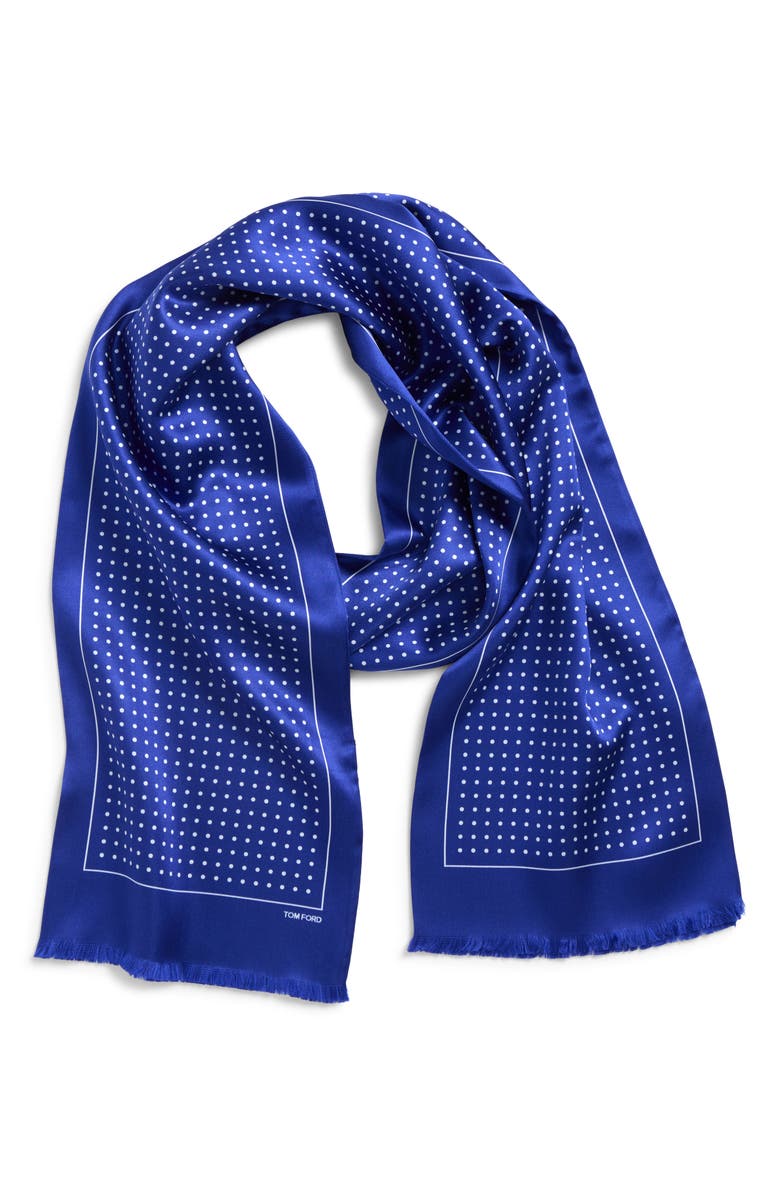 TOM FORD Polka Dot Mulberry Silk Fringe Scarf, Main, color, Royal Blue