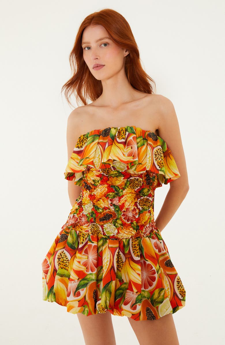 FARM Rio Fruit Print Ruffle Strapless Minidress, Alternate, color, Fruit Garden Red