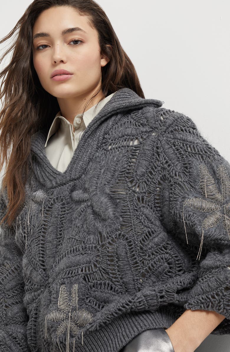 Brunello Cucinelli Handmade Flower Crochet OPERA sweater in cashmere Feather yarn, Alternate, color, 