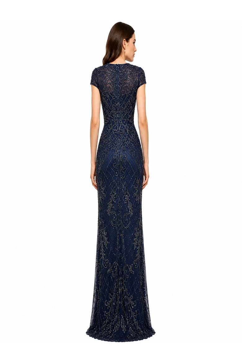 Cap Sleeve Mermaid Beaded Gown, Alternate, color, Navy