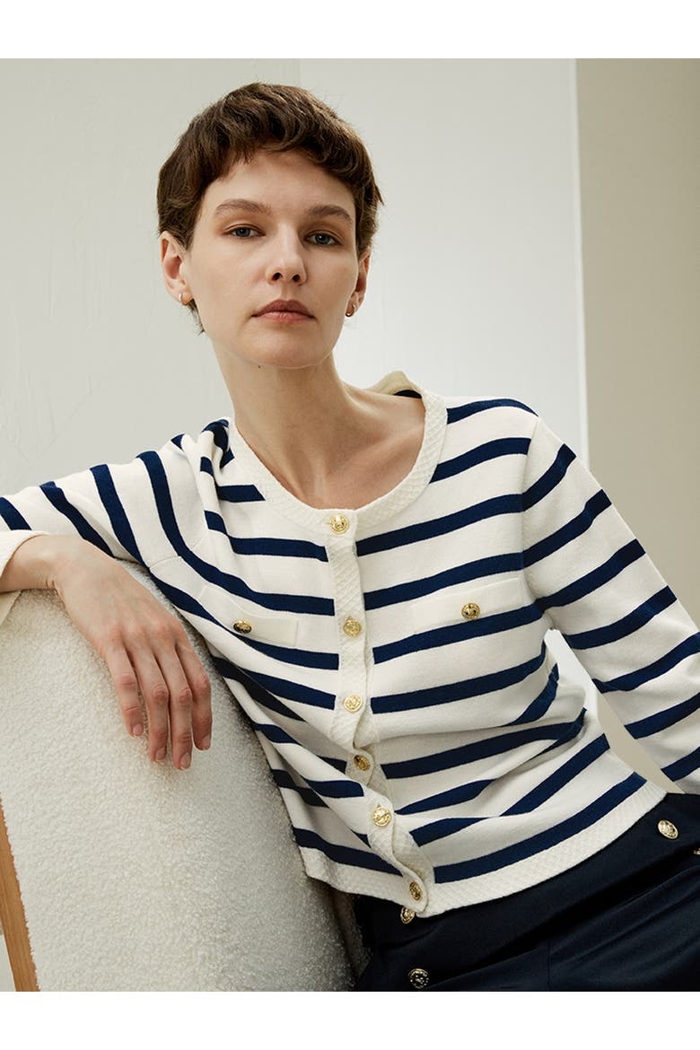 Gariana Striped Wool Cardigan, Alternate, color, Navy Blue