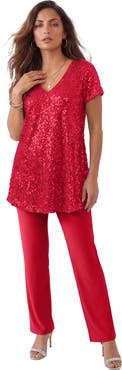 Roaman's Plus Size 2 Piece S/S Sequin Top And Pant Set