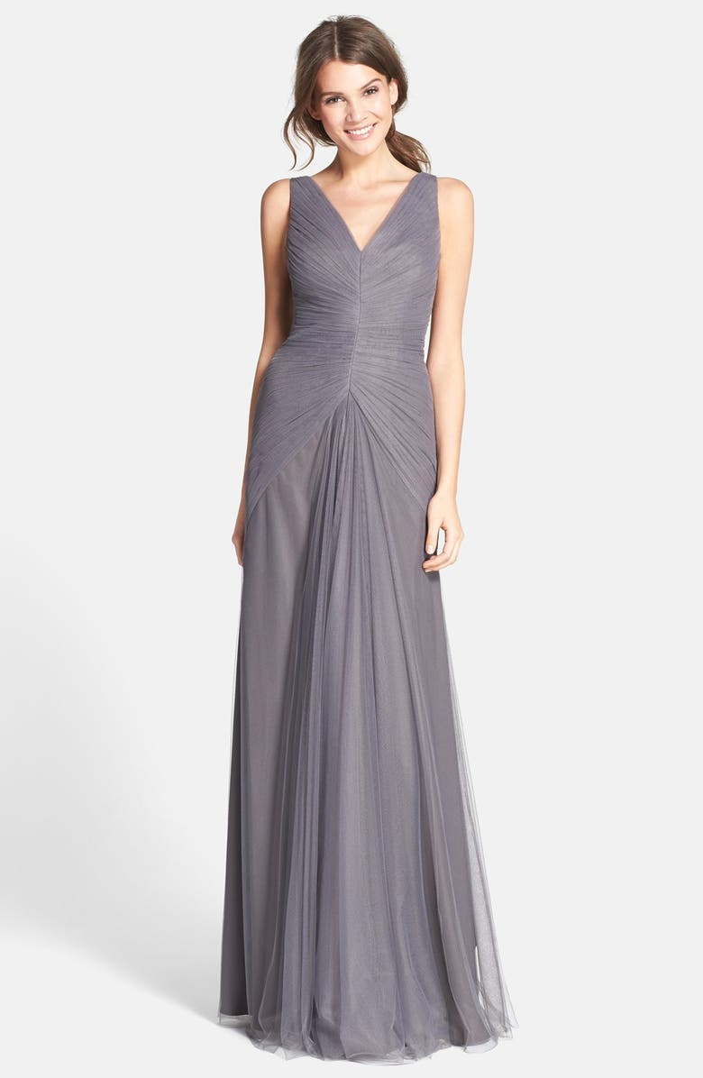 Monique Lhuillier Bridesmaids V-Neck Shirred Tulle Gown, Main, color,