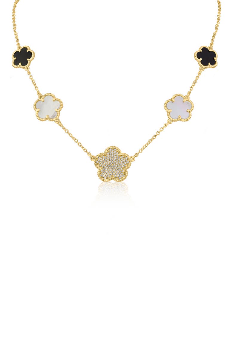 Mixed Clover Station Necklace, Main, color, BLACK/ MOP/ CLEAR GOLD
