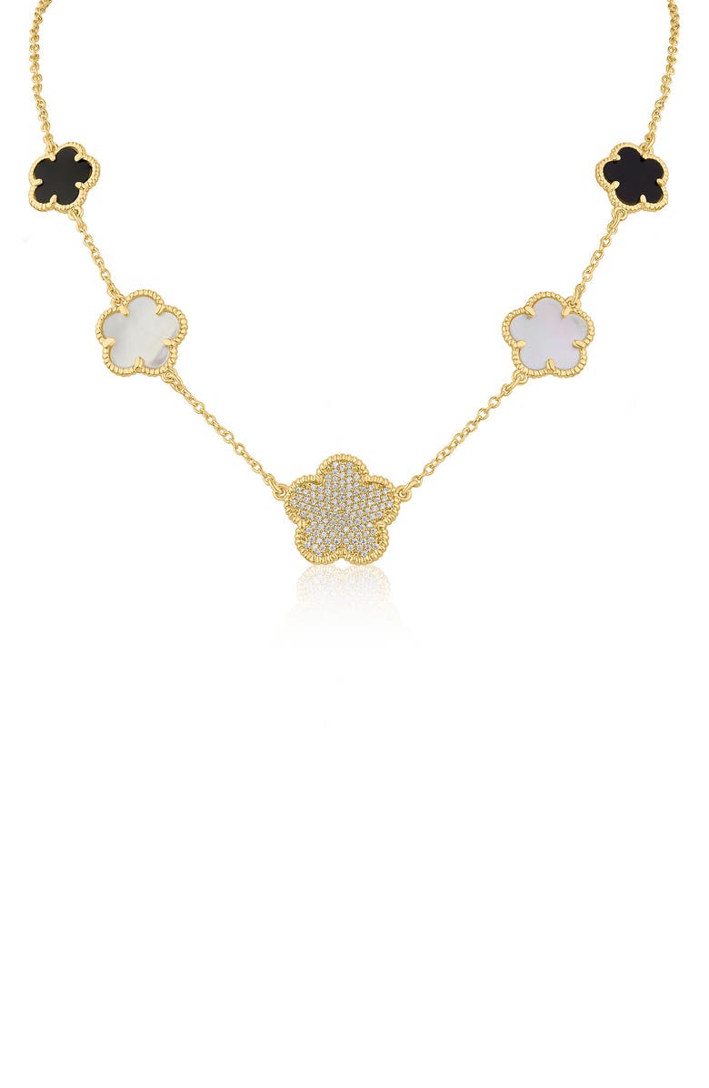 CZ by Kenneth Jay Lane Mixed Clover Station Necklace, Main, color, Black/ Mop/ Clear Gold