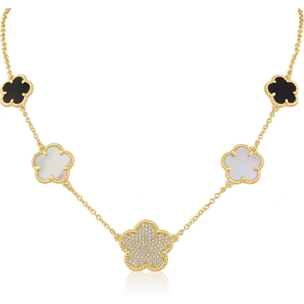 Cz By Kenneth Jay Lane Mixed Clover Station Necklace In Black/mop/clear Gold