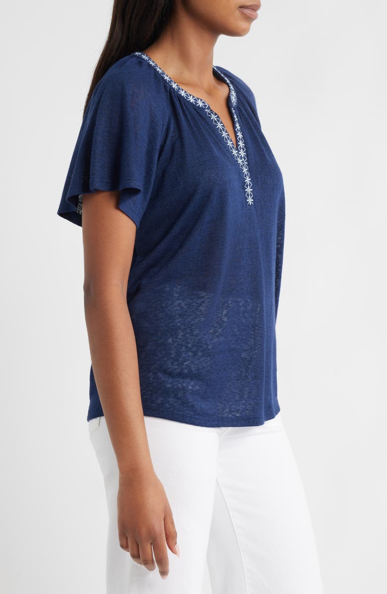 Bobeau Caty Embroidered Split Neck Top, Alternate, color, Navy