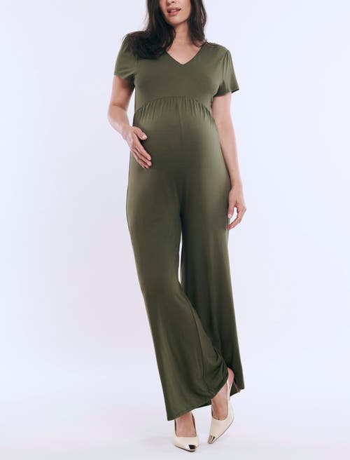MOTHERHOOD MATERNITY MOTHERHOOD MATERNITY SHORT SLEEVE V-NECK FLARE LEG JUMPSUIT