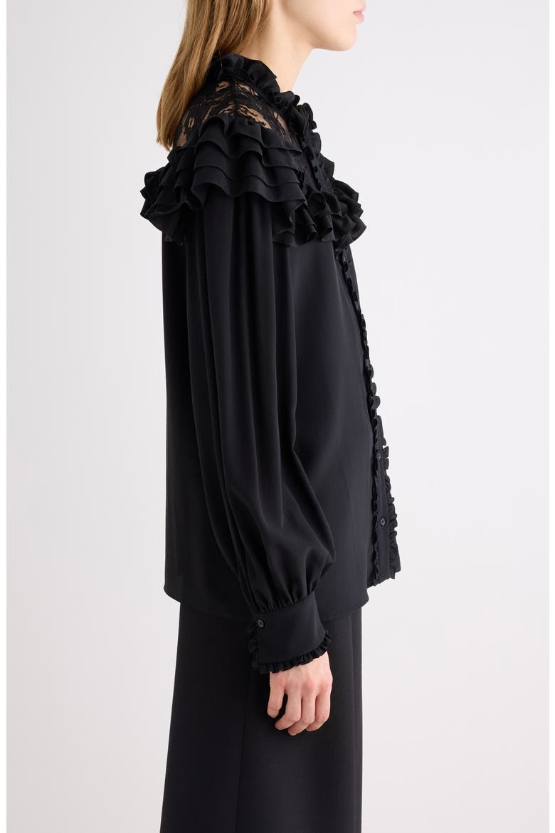 Silk Crepe de Chine Shirt with Lace Details, Alternate, color, BLACK