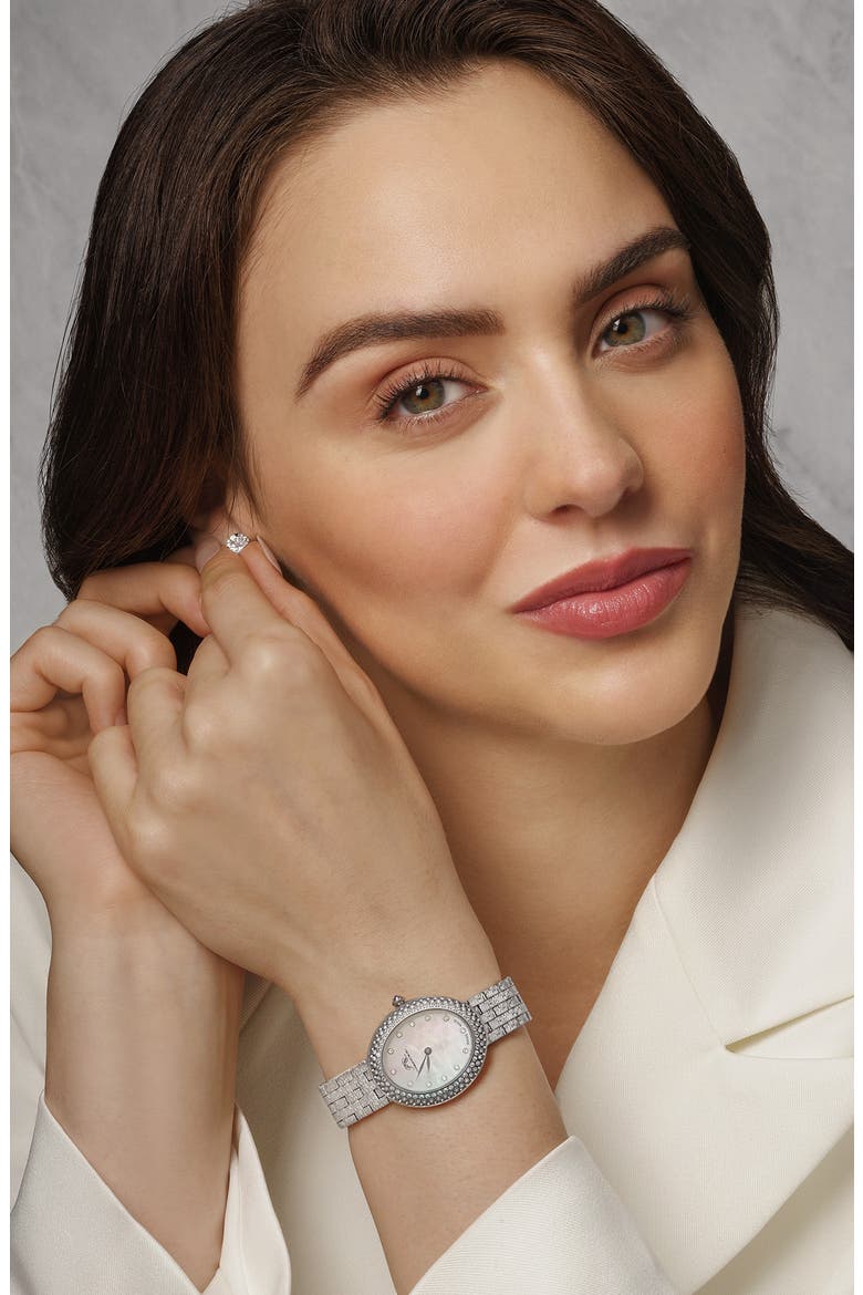 Women's Porsamo Bleu Angelica Oval MOP Dial Topaz Stainless Steel Watch, Alternate, color, SILVER