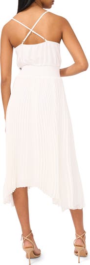 Pleated Sharkbite Hem Midi Dress