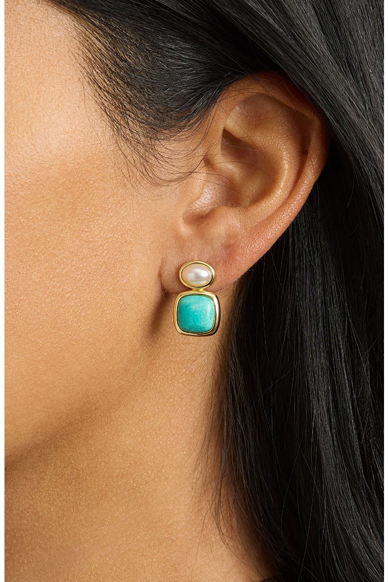 Lapis and Imitation Pearl Drop Earrings, Alternate, color, BLUE GREEN GOLD
