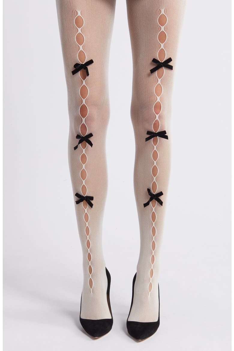 Velvet Bow Cutout Tights, Main, color, WHITE