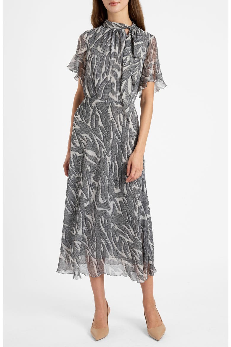 Sabrina Tie Neck Short Sleeve Midi Dress, Alternate, color, Onyx Multi