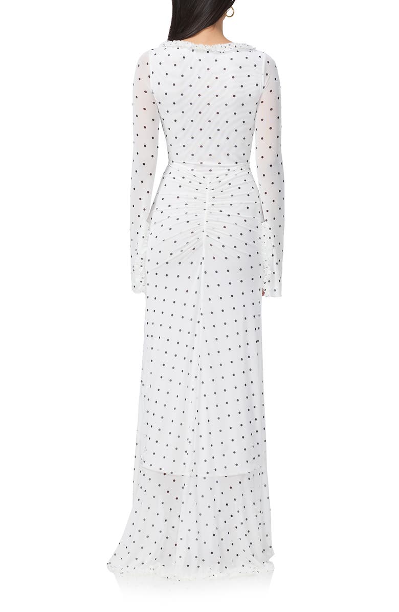AFRM Cat Ruched Semisheer Long Sleeve Cutout High-Low Hem Maxi Dress, Alternate, color, Blanc Micro Dot