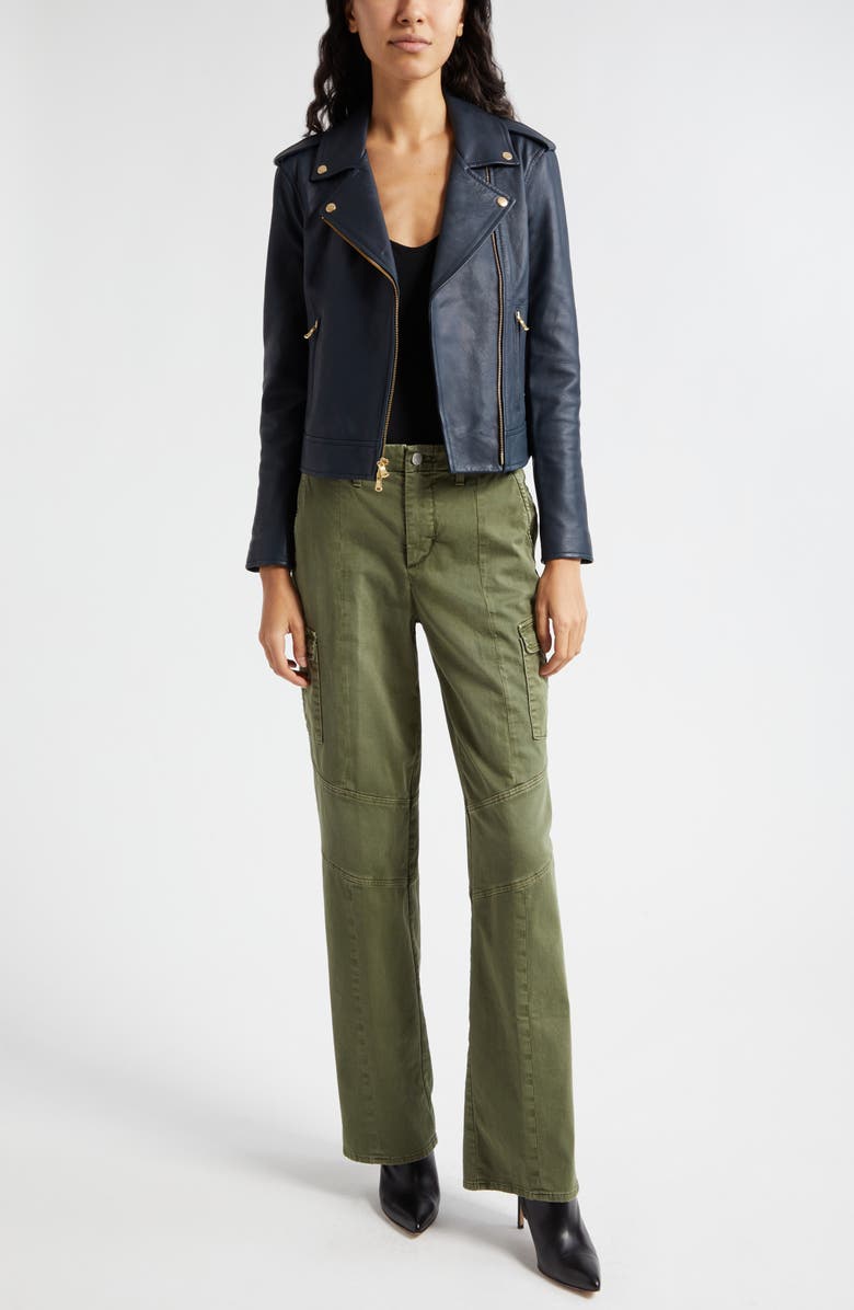 L'AGENCE Lambskin Leather Biker Jacket, Alternate, color, Midnight