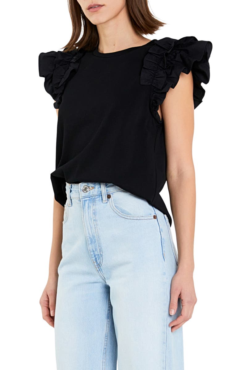 English Factory Ruffle Sleeve Mix Media Cotton Top, Alternate, color, 