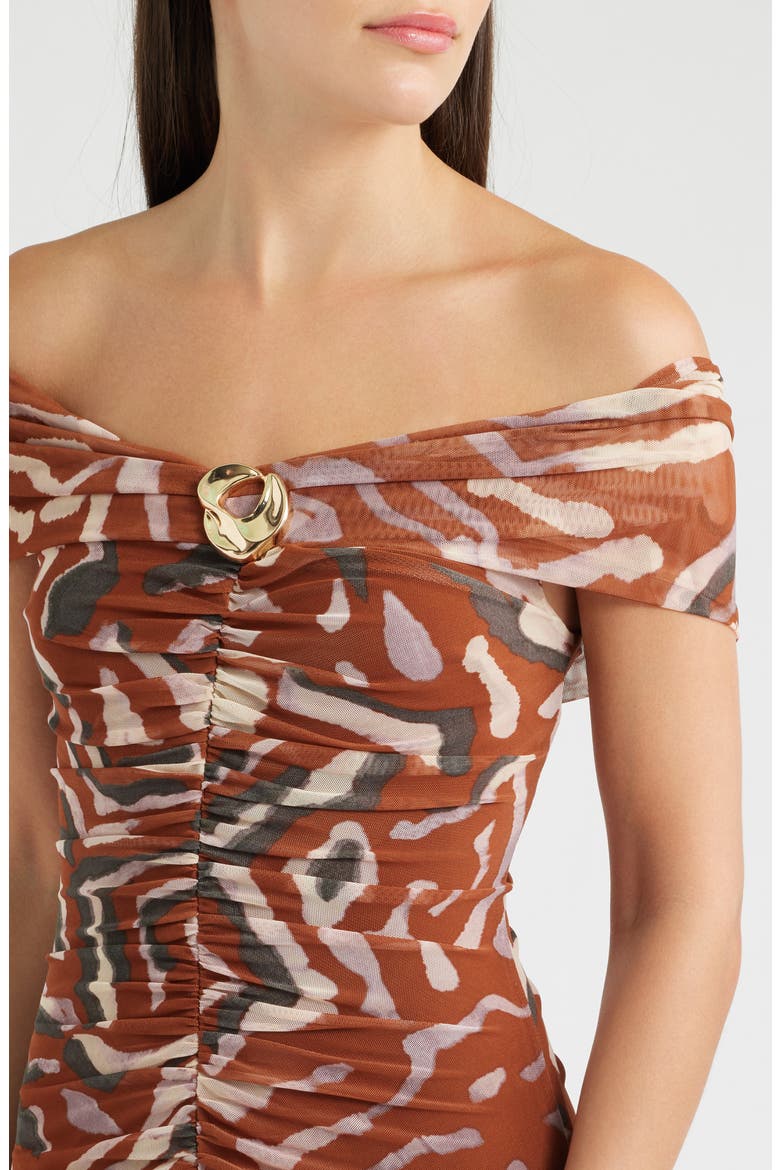 Off the Shoulder Mesh Dress, Alternate, color, BROWN MULT