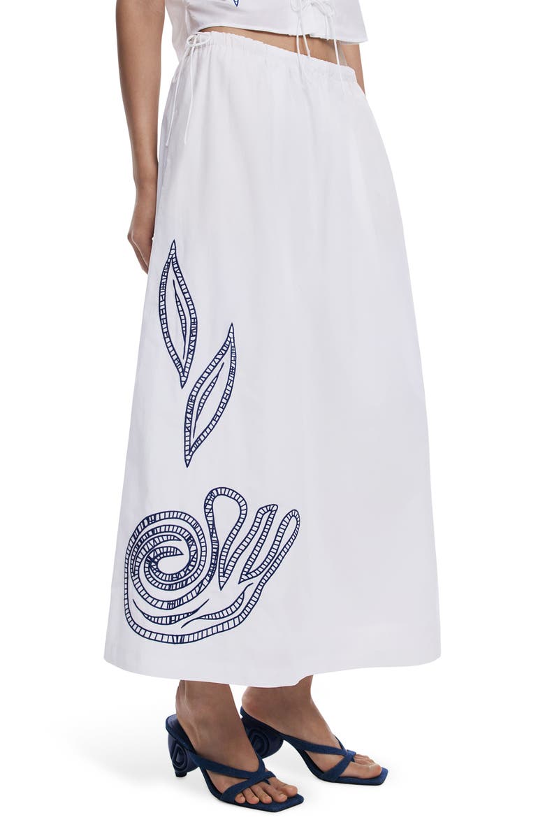 Desigual Embroidered Drawstring Cotton Maxi Skirt, Main, color, White